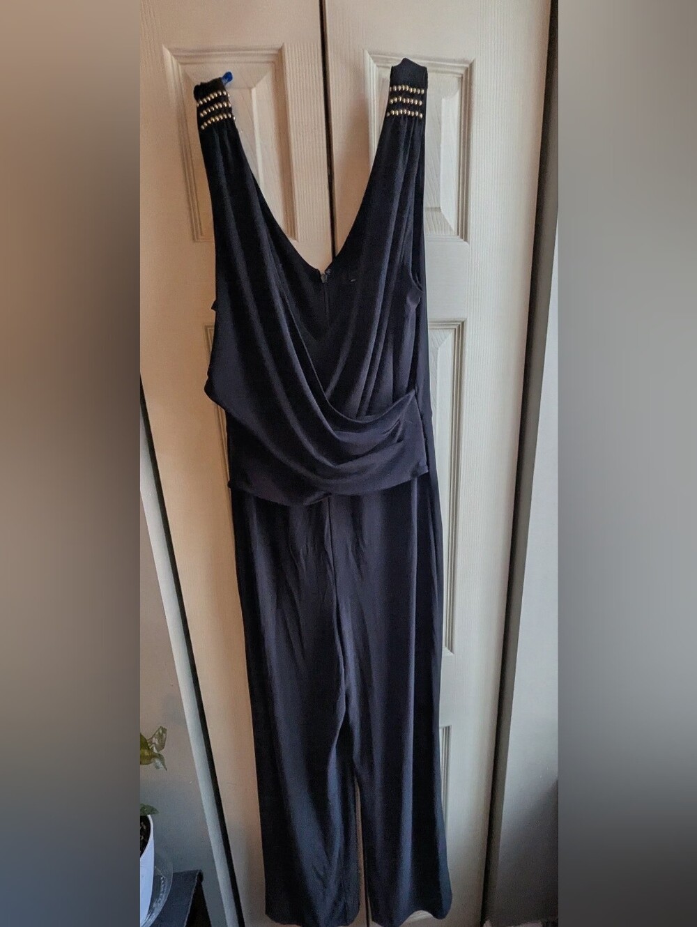 White House Black Market | Black Draped Jumpsuit with Studded Straps